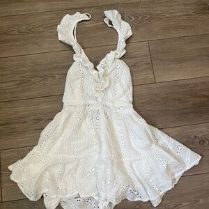 Lulus Lace Up My Heart White Eyelet Ruffle tie back romper